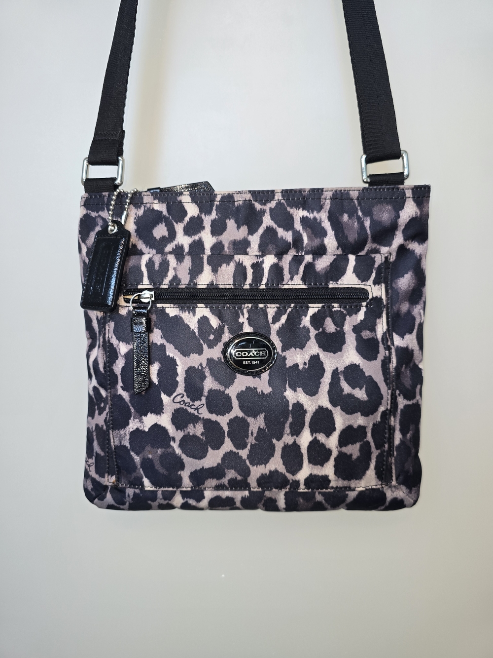 COACH F77429 Ocelot Leopard Cheetah Print Nylon Bag Purse Crossbody Black Brown